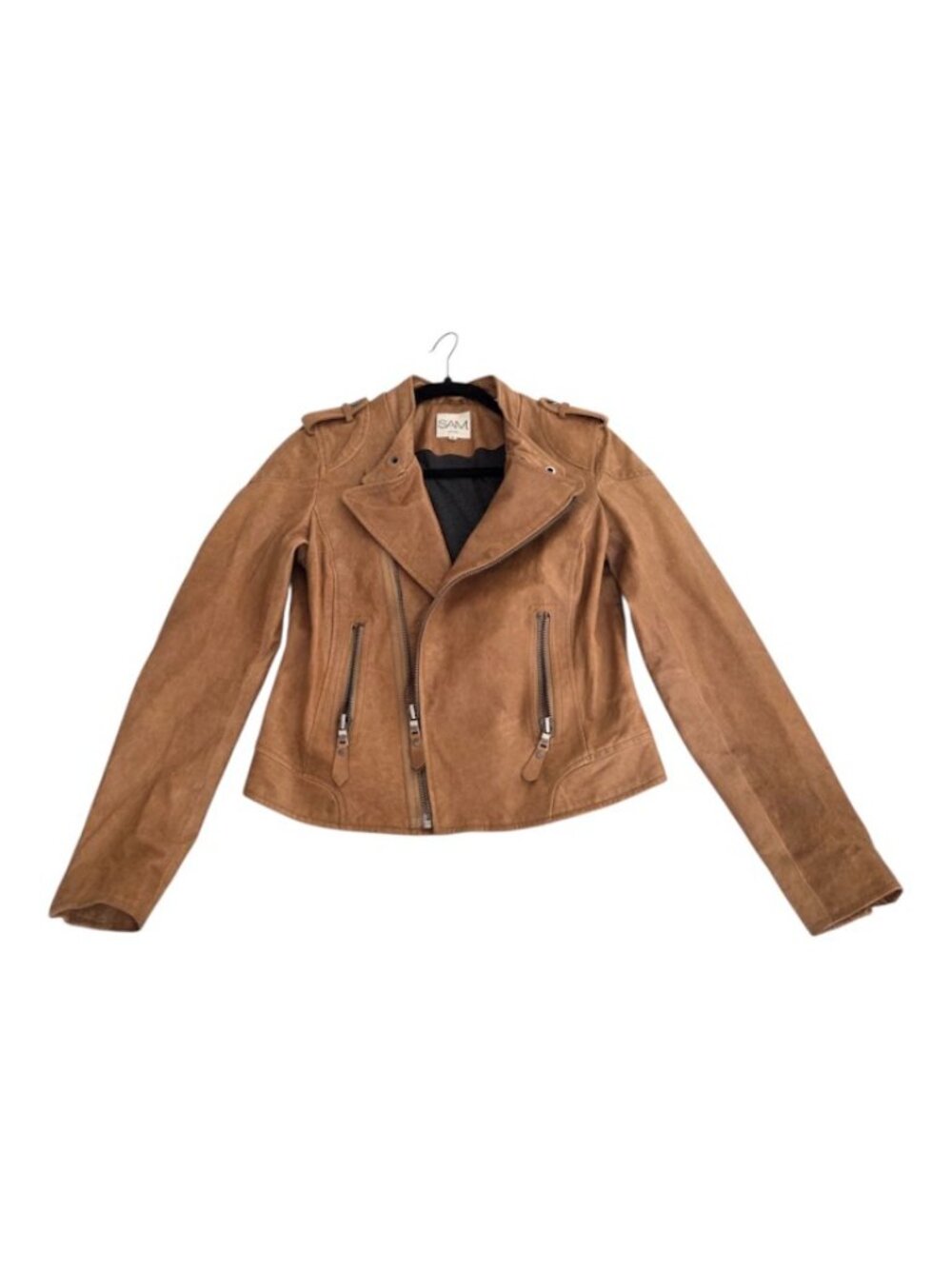 SAM. New York Women's Tan Leather Moto Biker Jacket Size M Camel Brown Zip Coat